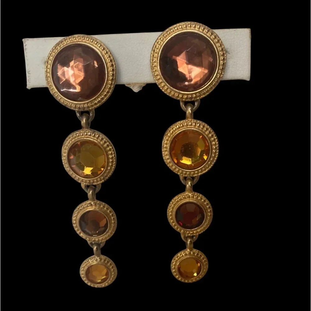 Vintage Ben Amun Clip On Dangle Earrings Amber Gold Tone Gems Regency Statement - Picture 9 of 9